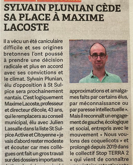 SYLVAIN PLUNIAN CEDE SA PLACE A MAXIME LACOSTE AU CONSEIL MUNICIPAL DE SAINT-SULPICE